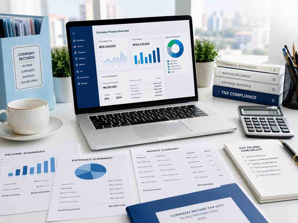 Organized company records, invoices, expenses, and finance dashboard for Company Income Tax guidance.